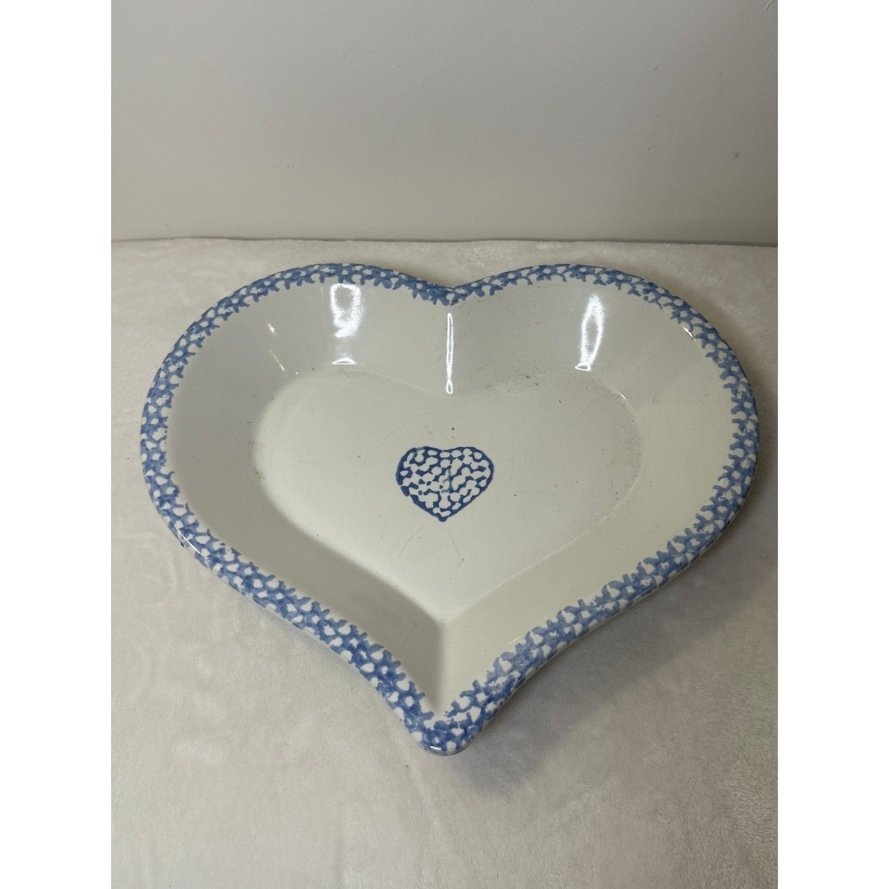 Vtg LILLIAN VERNON Stoneware Blue Spatter Sponge Heart Bowl Pie Pan Cottage Core